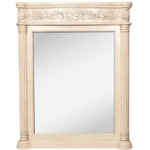 33 11/16" x 42" Mirror in Antique White with Hand Carved Details and Beveled Glass