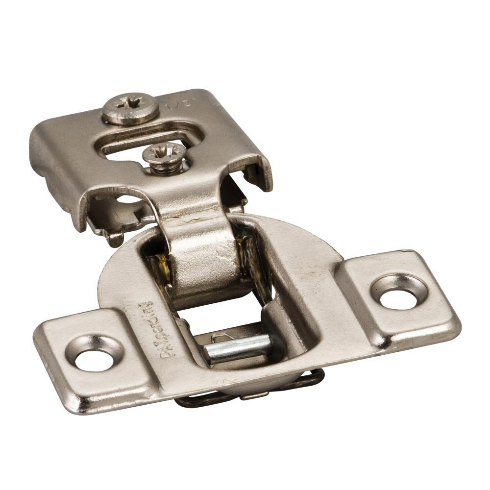 1/2" Overlay Compact Hinge with Cam Adjustments and 4 Tabs with Dowels in Nickel
