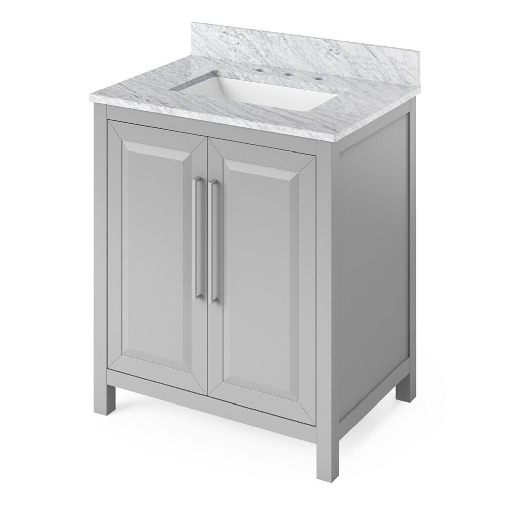 30" Grey Cade Vanity, White Carrara Marble Vanity Top, undermount rectangle bowl