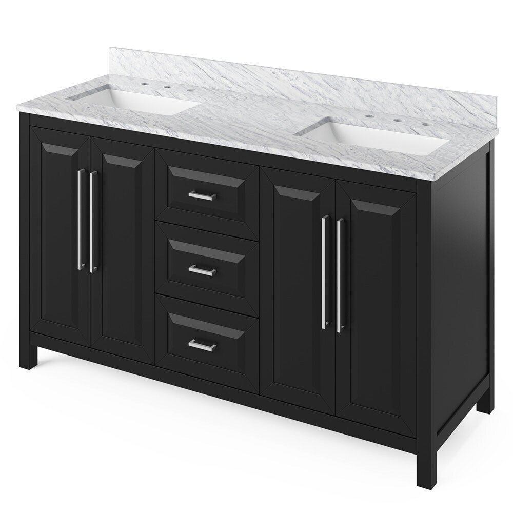 60" Black Cade Vanity, double bowl, White Carrara Marble Vanity Top, two undermount rectangle bowls