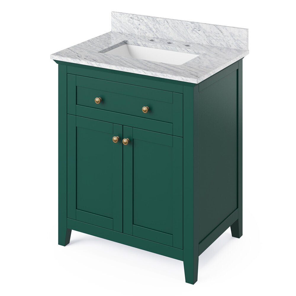 30" Forest Green Chatham Vanity, White Carrara Marble Vanity Top, undermount rectangle bowl