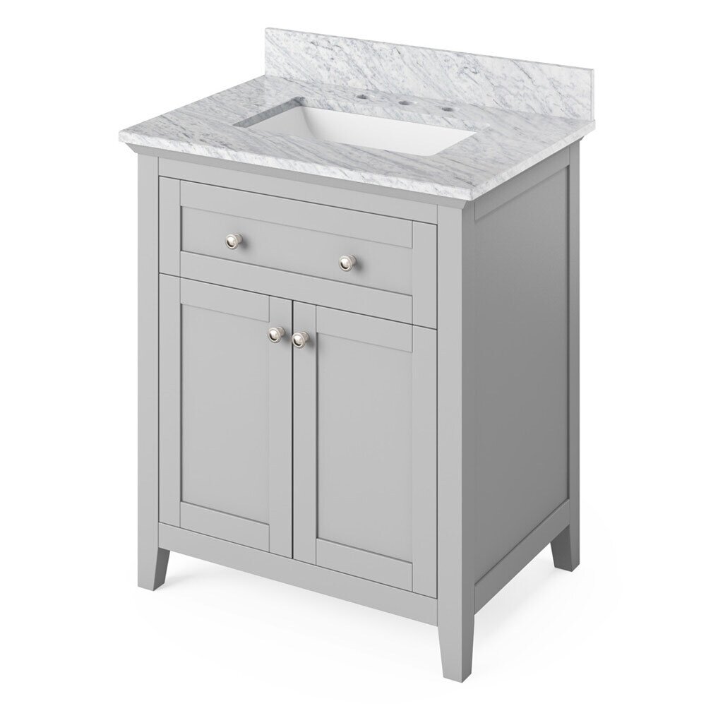 30" Grey Chatham Vanity, White Carrara Marble Vanity Top, undermount rectangle bowl
