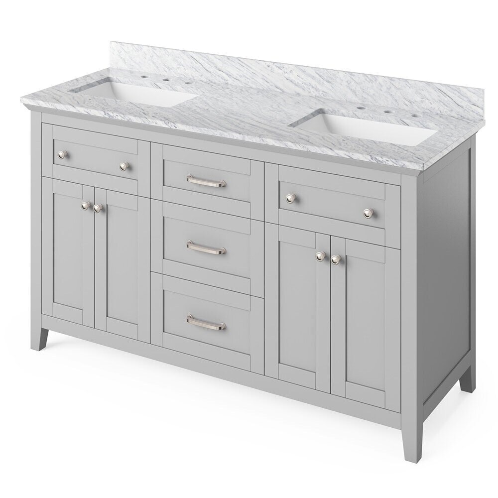 60" Grey Chatham Vanity, double bowl, White Carrara Marble Vanity Top, two undermount rectangle bowls