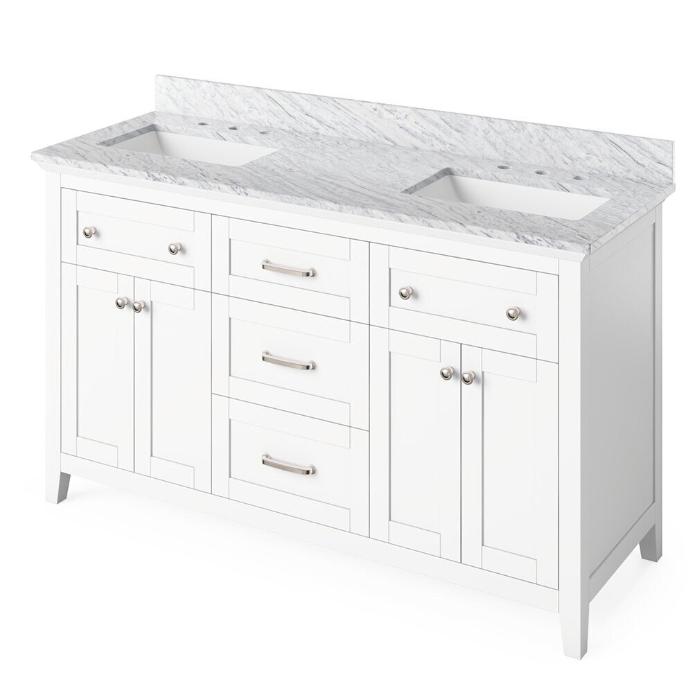 60" White Chatham Vanity, double bowl, White Carrara Marble Vanity Top, two undermount rectangle bowls